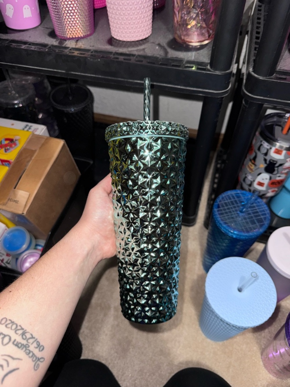 Iridescent Green Studded Tall Tumbler with Straw